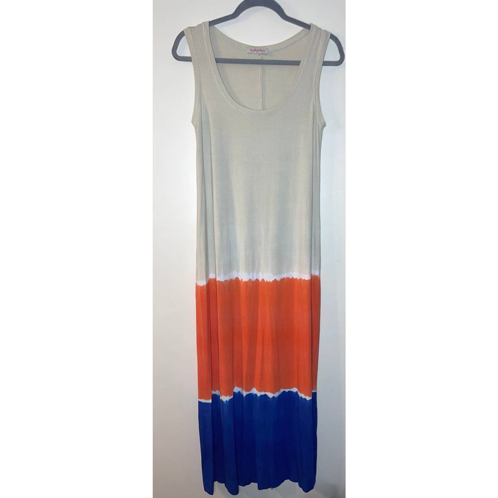 Fresh Produce Cream Orange Blue Sleeveless‎ Long Dress Made in USA Small Stretch